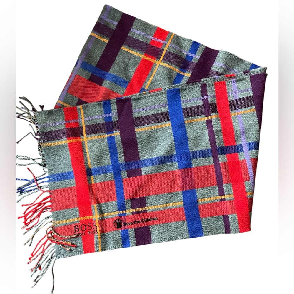 Hugo Boss Gray Scarf with Red and Blue Accents